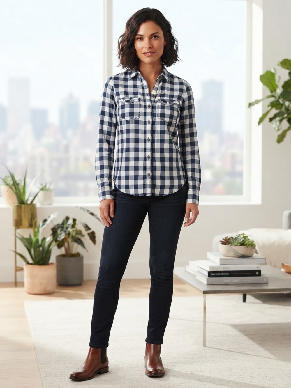 Abercrombie & Fitch Navy and White Plaid Button-Up Shirt
